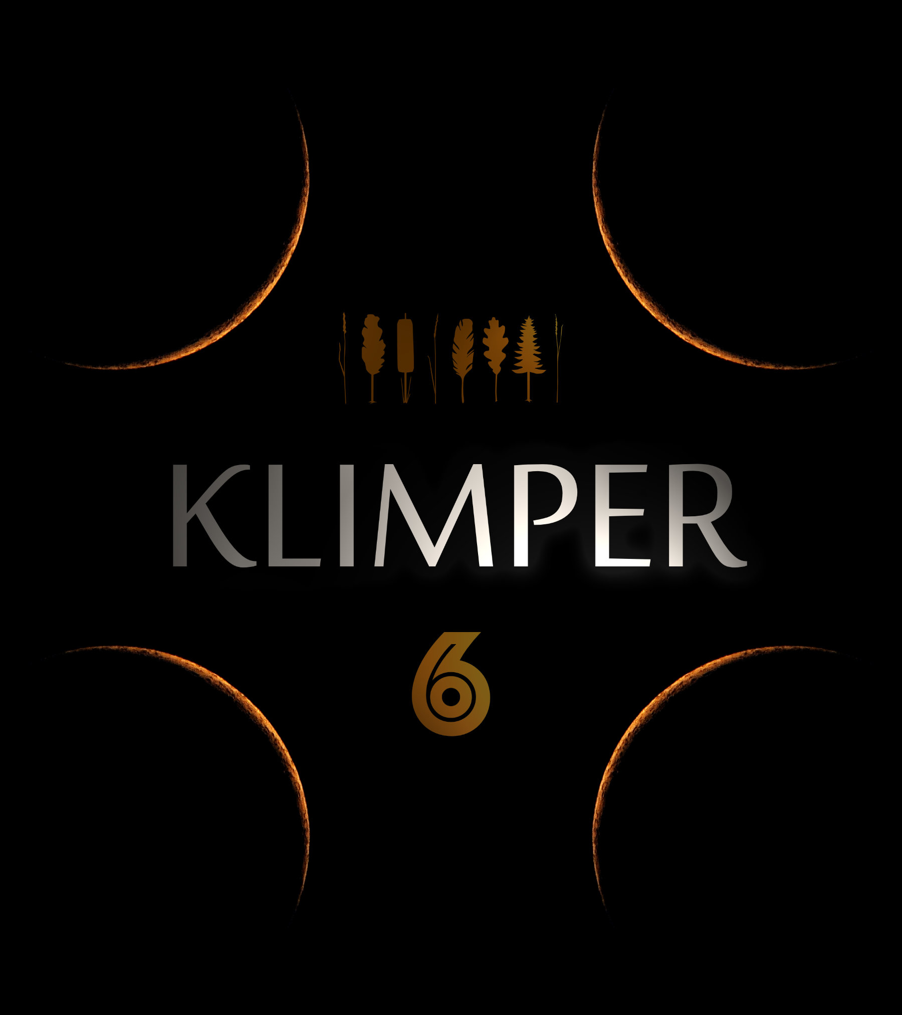 Cover image for Klimper 6. A thin crescend moon, mirrored in all four corners of the image on black background, framing the lettering KLIMPER 6