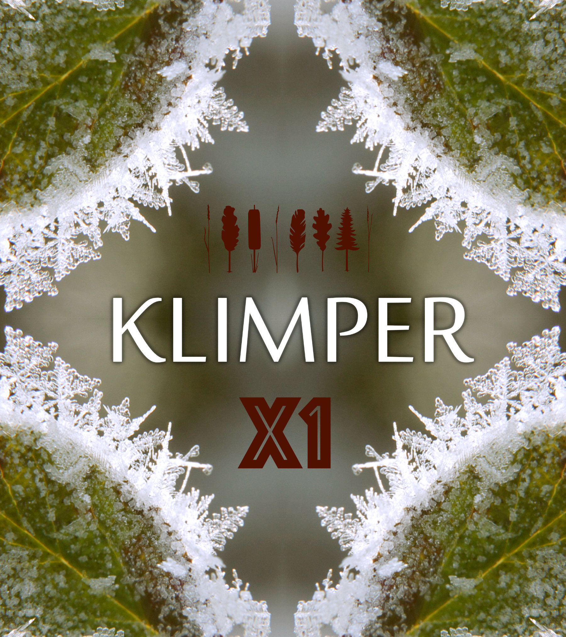 Cover image for Klimper X1. A leaf bordered with spiky ice crystals, mirrored in all four corners of the image on dark background, framing the lettering KLIMPER X1