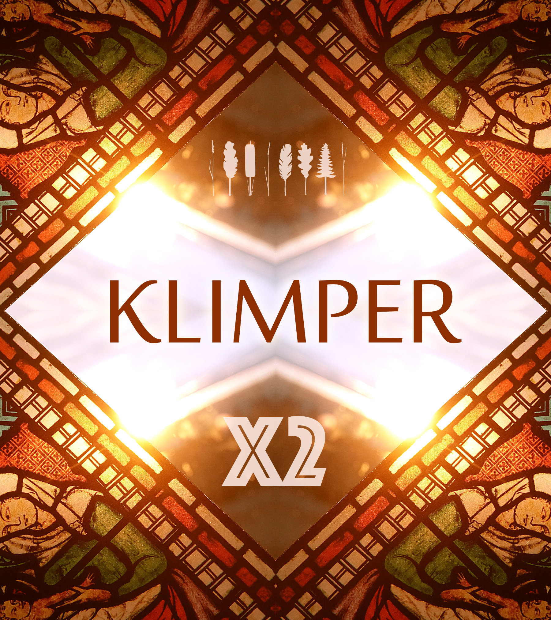Cover image for Klimper X2. A part of a color-glass church window scene with Mary and the child, mirrored in all four corners of the image on dark background, framing the lettering KLIMPER X2
